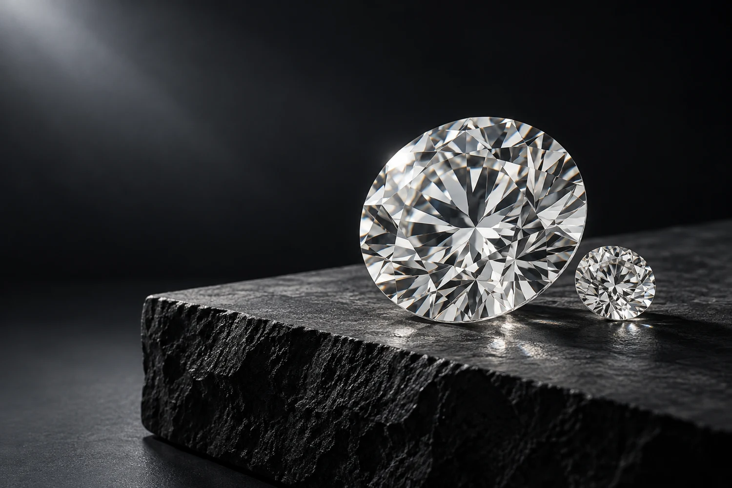 Brilliant-cut diamonds on a dark stone plinth